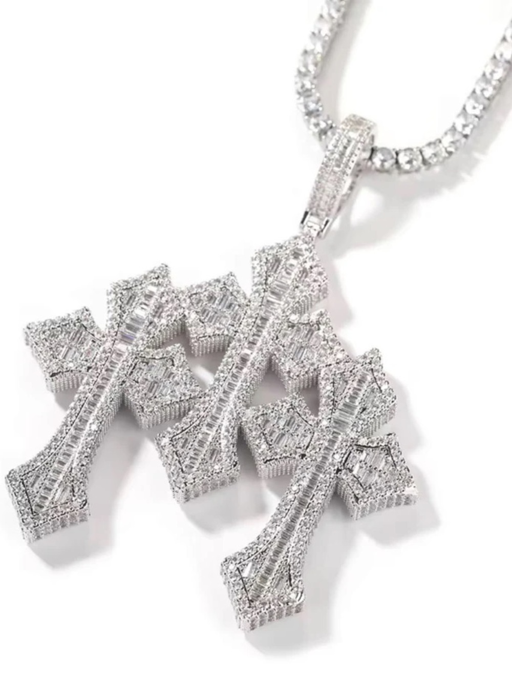 Silver Triple Cross Pendant Necklace - Sparkling CZ Statement 20inch